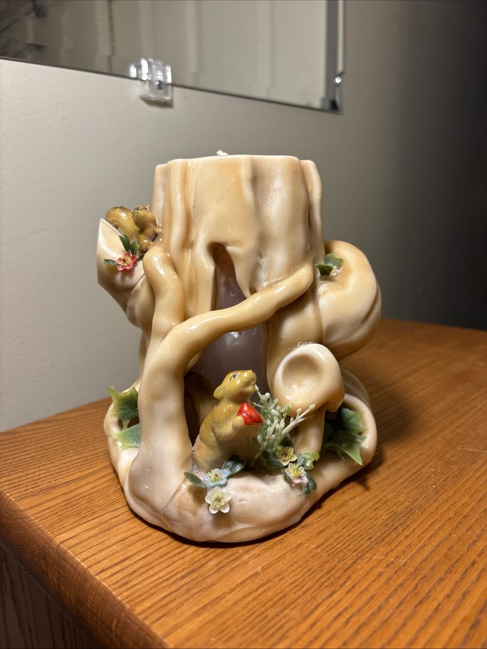 Handcrafted Beige Porcelain Tree Stump Candle Holder with Animal Figurines